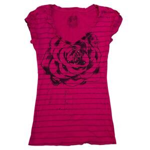 Y2K Affliction Style V-Neck Tee Sequin Rose Womens Small Pink Mcbling Goth Indie